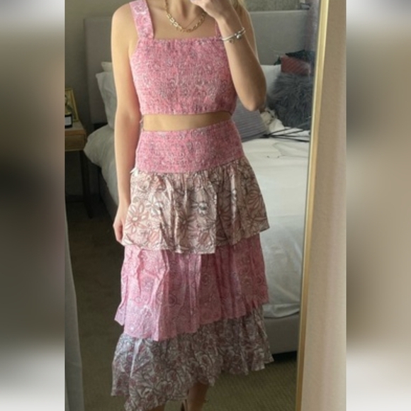 HOUSE OF HARLOW Pink Floral Cotton Smocked Crop Top & Tiered Maxi Skirt Set NWT. - Picture 12 of 13